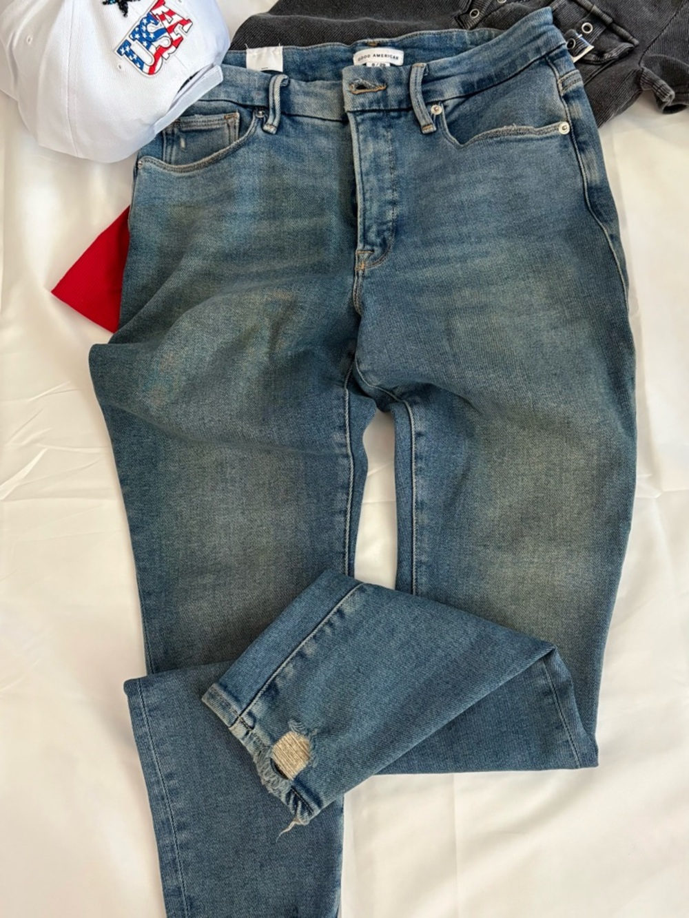 GOOD AMERICAN 🇺🇸 GOOD LEGS INDIGO SHAPING WOMEN S8~W29 STRETCH JEANS DIRTY WASH